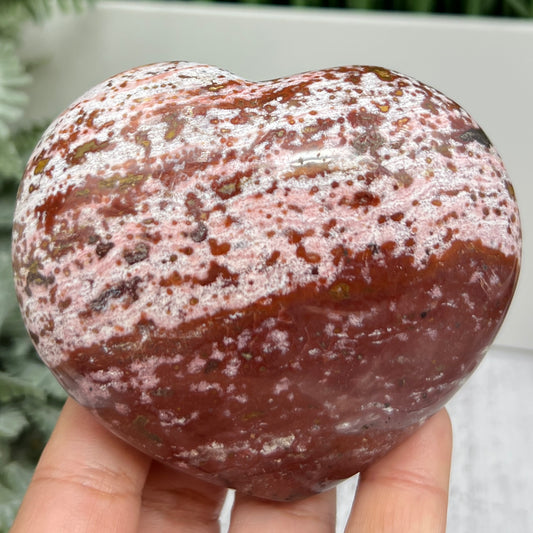 Pink Orbicular Ocean Sea Jasper Gemstone of Joy Heart Crystal Carving 388g