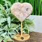 Pink Amethyst Flower Agate Quartz Heart with Stand Healing Crystal Carving 314g