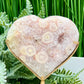 Pink Amethyst Flower Agate Quartz Heart with Stand Healing Crystal Carving 314g
