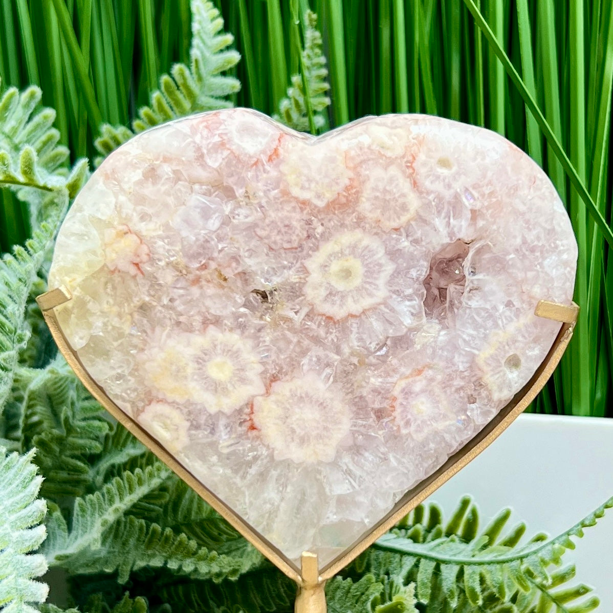 Pink Amethyst Flower Agate Quartz Heart with Stand Healing Crystal Carving 314g