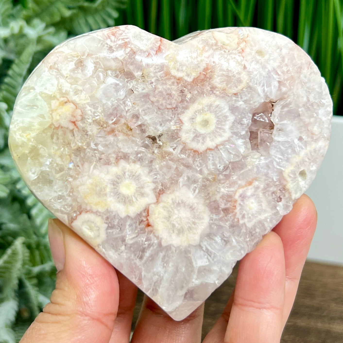 Pink Amethyst Flower Agate Quartz Heart with Stand Healing Crystal Carving 314g