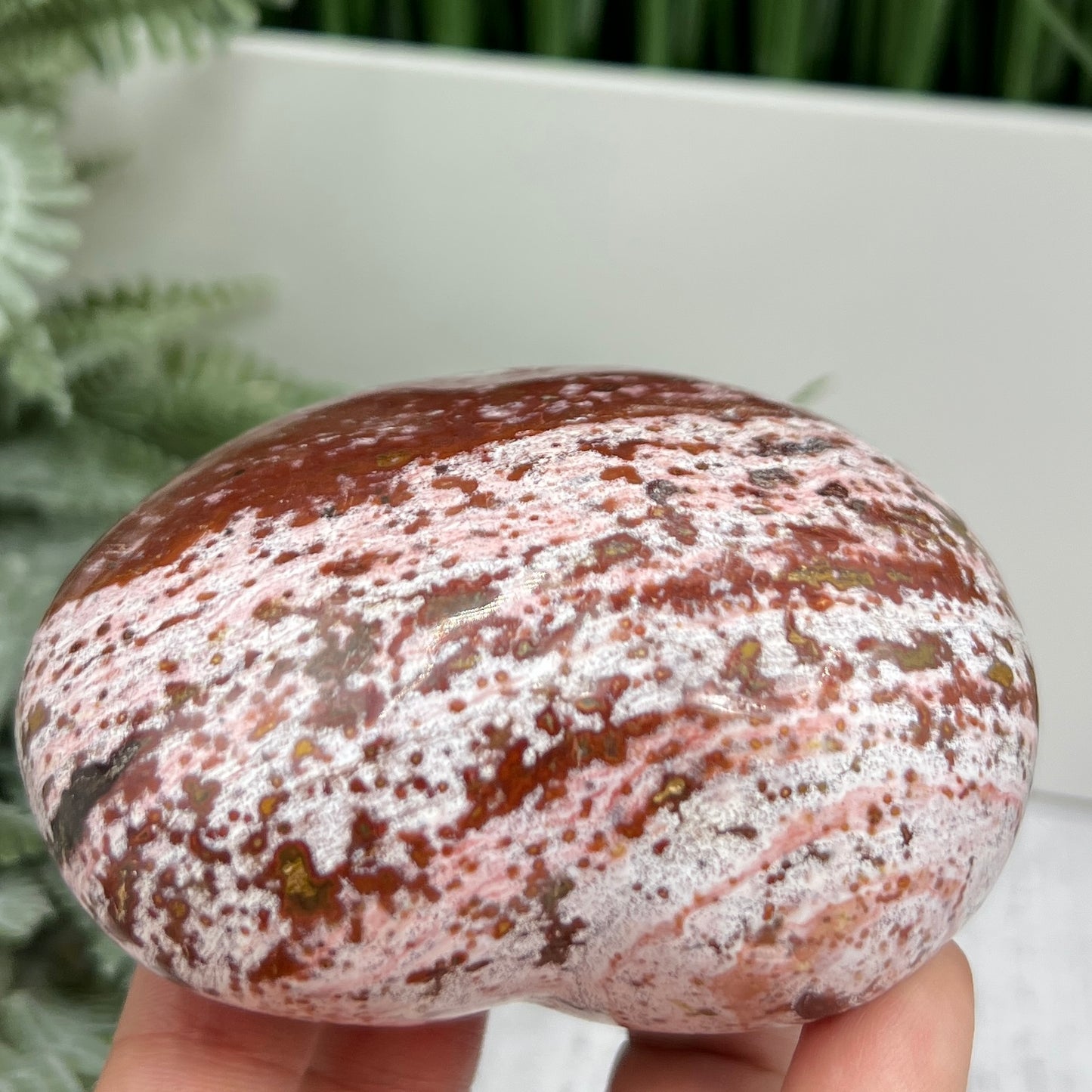 Pink Orbicular Ocean Sea Jasper Gemstone of Joy Heart Crystal Carving 388g