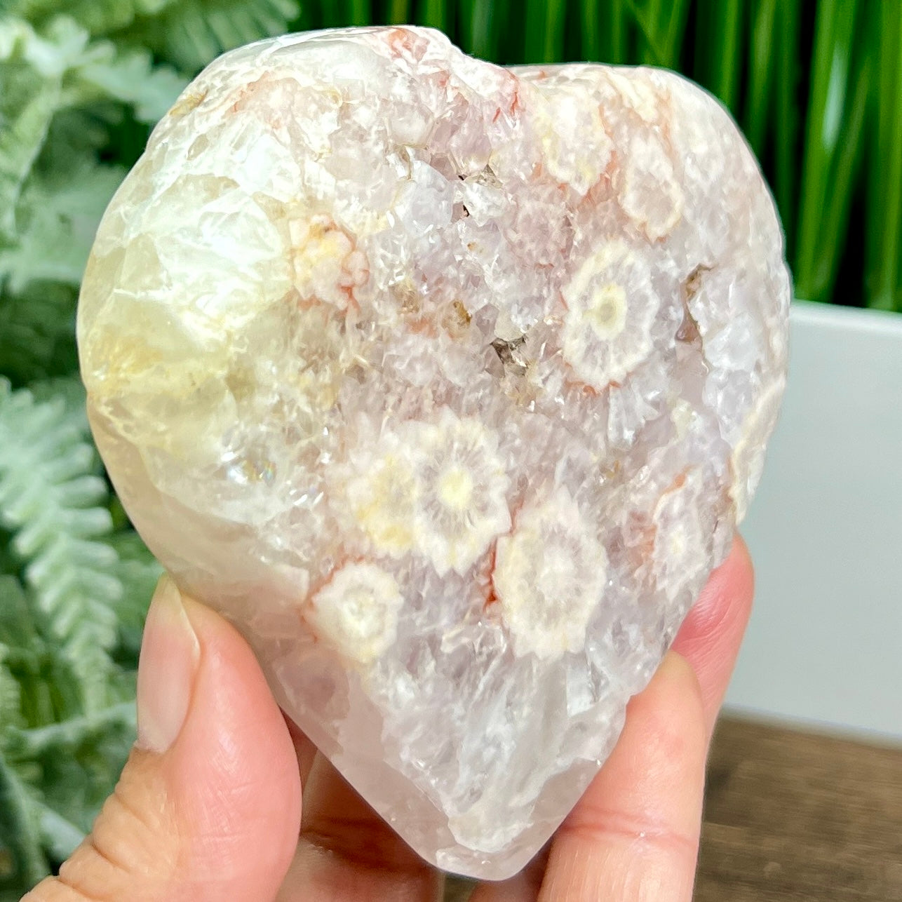Pink Amethyst Flower Agate Quartz Heart with Stand Healing Crystal Carving 314g