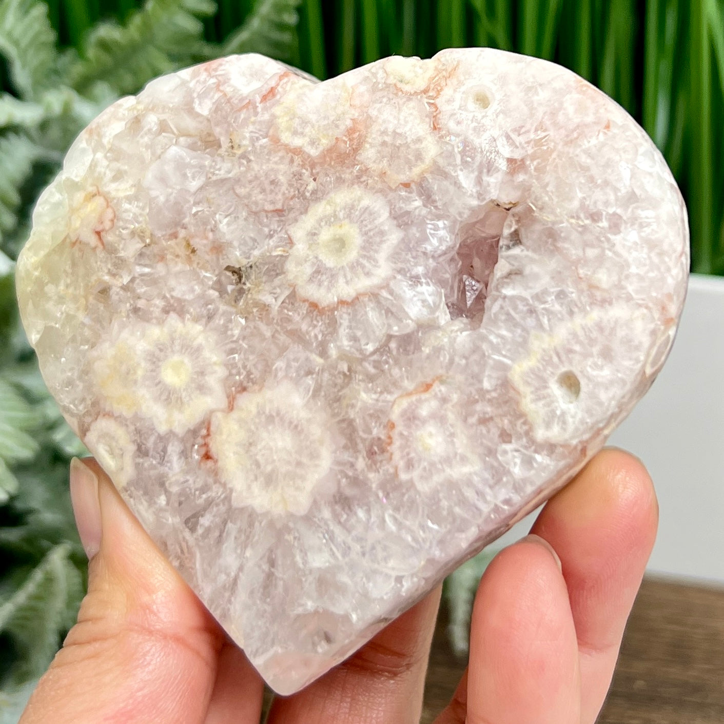 Pink Amethyst Flower Agate Quartz Heart with Stand Healing Crystal Carving 314g
