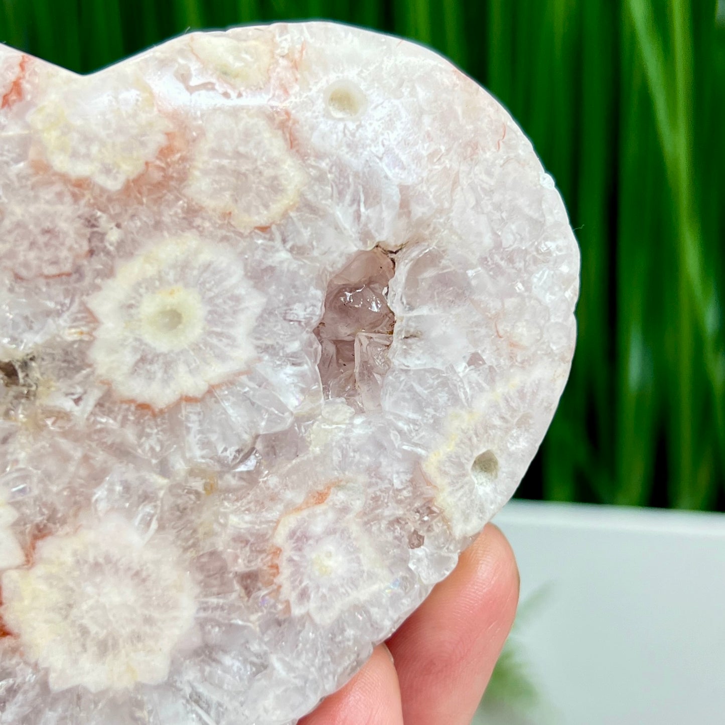 Pink Amethyst Flower Agate Quartz Heart with Stand Healing Crystal Carving 314g
