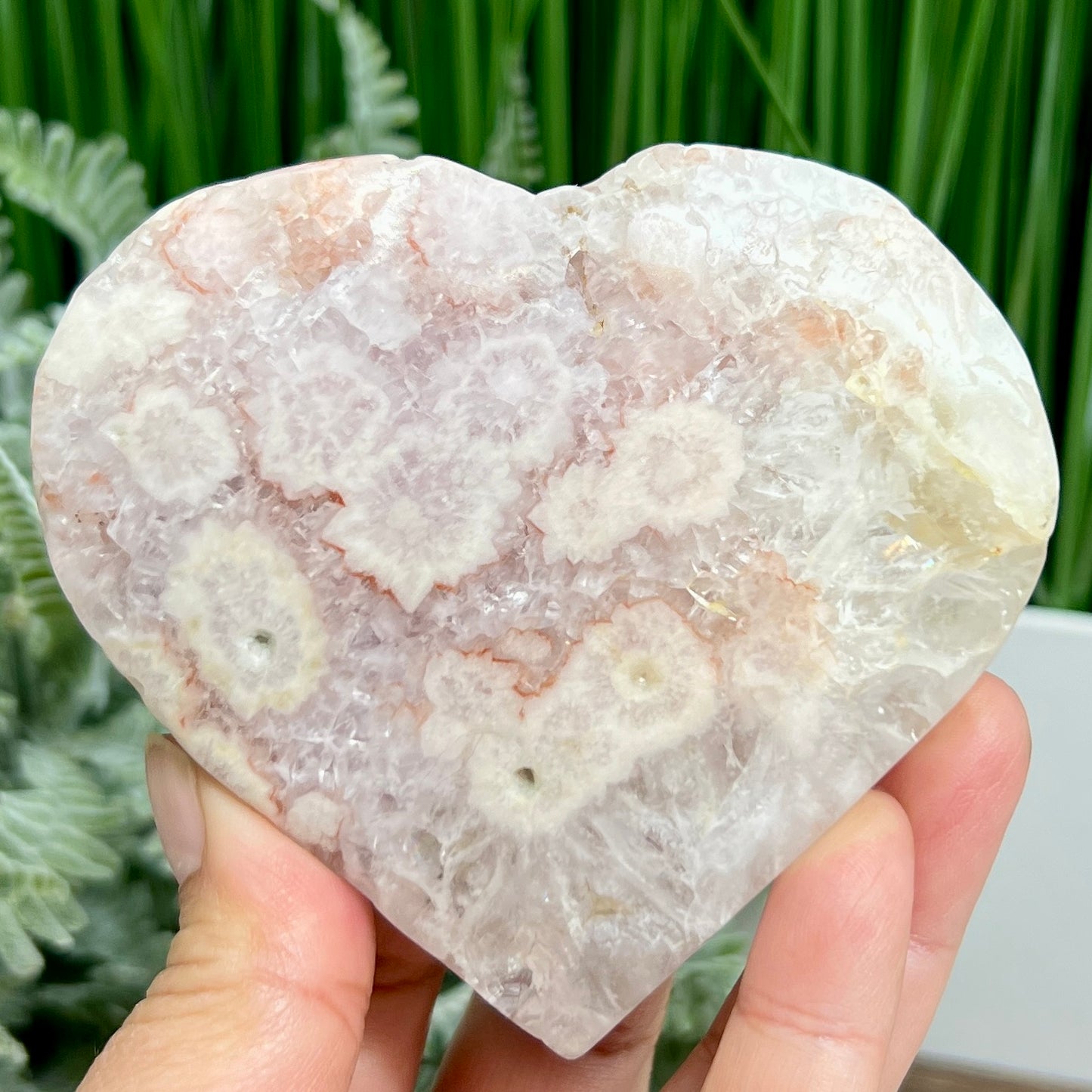 Pink Amethyst Flower Agate Quartz Heart with Stand Healing Crystal Carving 314g
