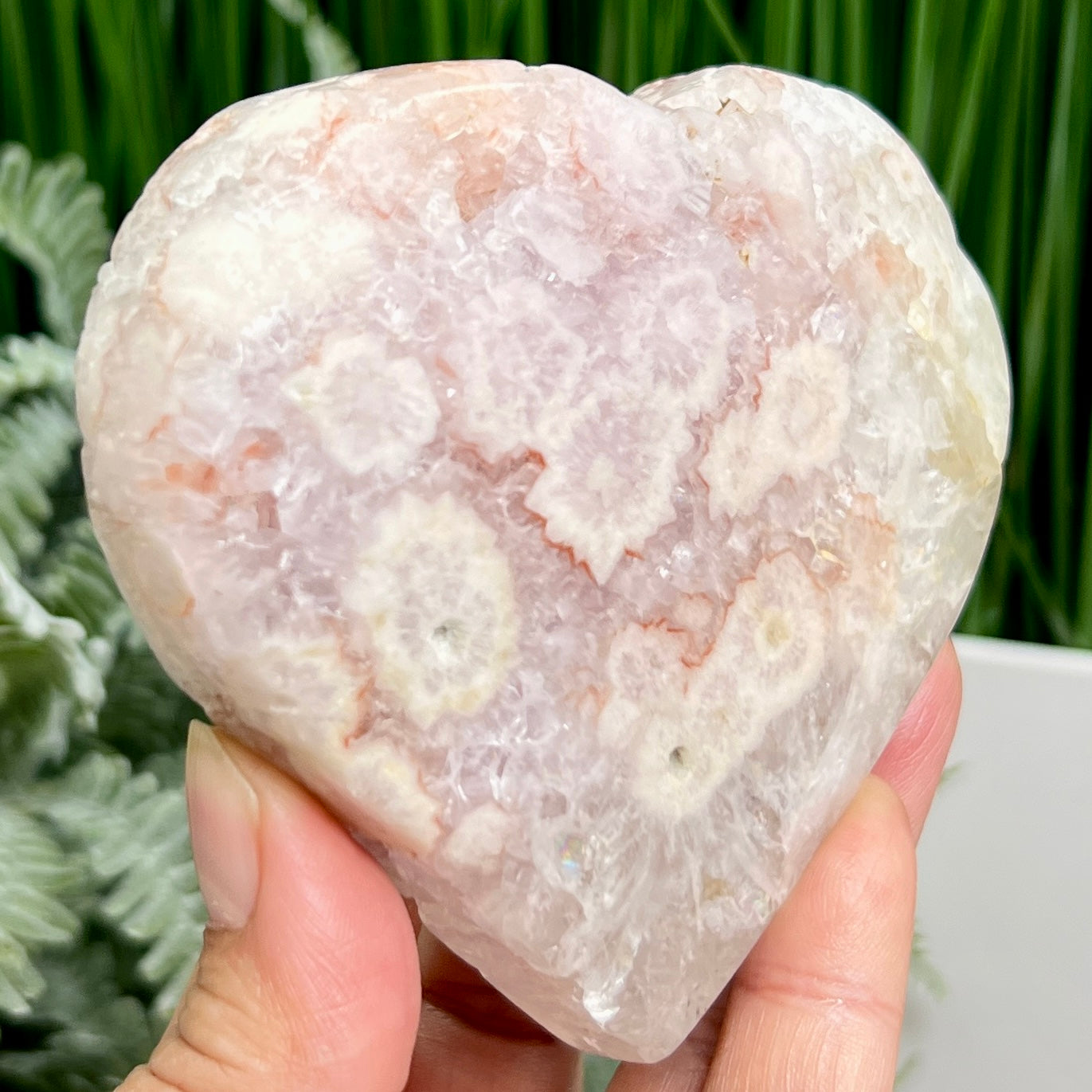 Pink Amethyst Flower Agate Quartz Heart with Stand Healing Crystal Carving 314g