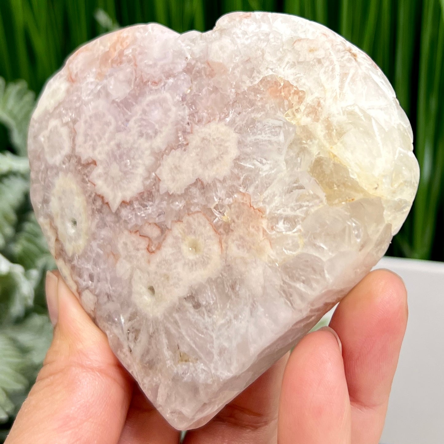 Pink Amethyst Flower Agate Quartz Heart with Stand Healing Crystal Carving 314g