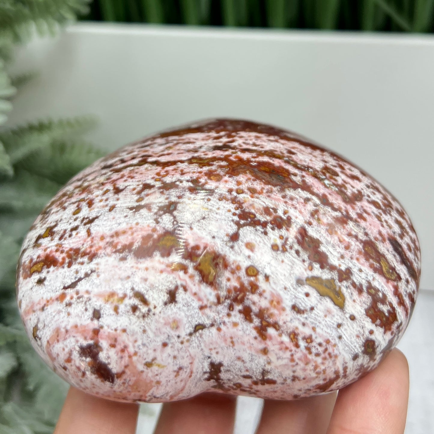 Pink Orbicular Ocean Sea Jasper Gemstone of Joy Heart Crystal Carving 388g