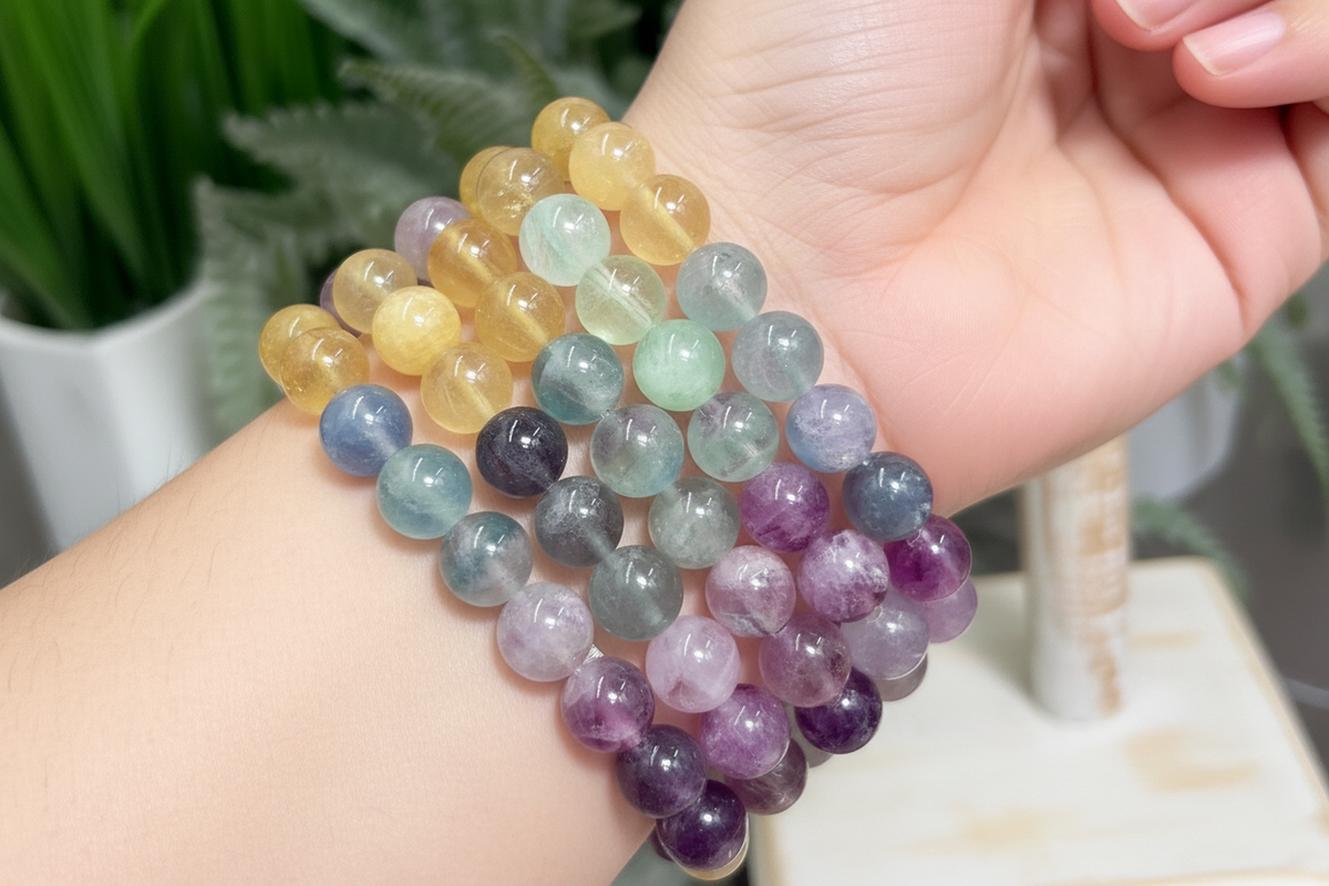Fluorite Purple Blue Yellow Green Crystals Bracelets Wearable Gemstones Elastic 9-10mm Beads 16cm