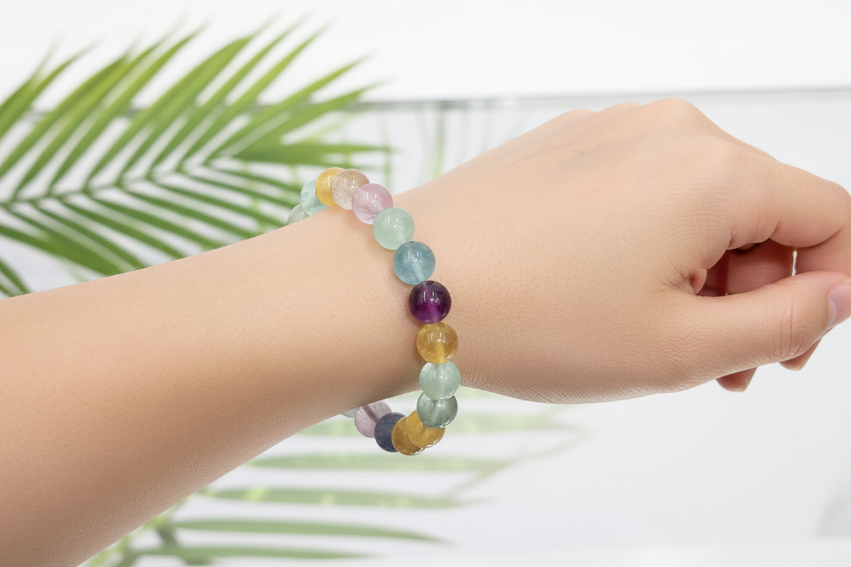 Fluorite Purple Blue Yellow Green Crystals Bracelets Wearable Gemstones Elastic 9-10mm Beads 16cm