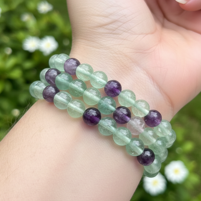 Fluorite Purple Green Crystals Bracelets Wearable Gemstones Elastic 7-8mm Beads 16cm