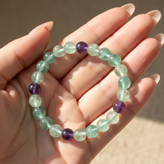 Fluorite Purple Green Crystals Bracelets Wearable Gemstones Elastic 7-8mm Beads 16cm