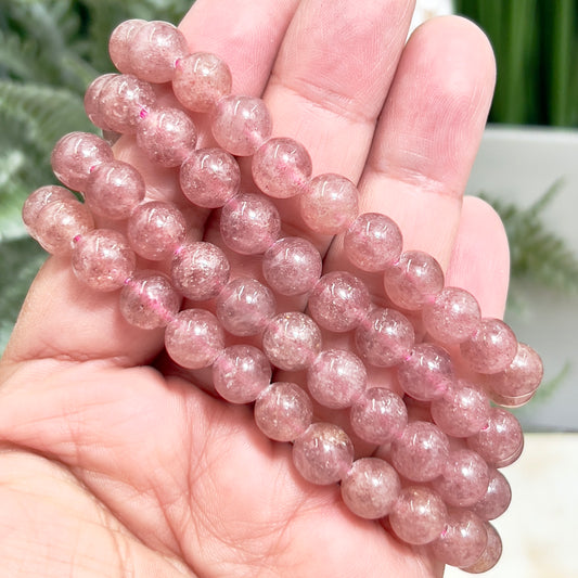 Red Strawberry Quartz Crystals Bracelets Wearable Gemstones Elastic 8mm Beads 16cm