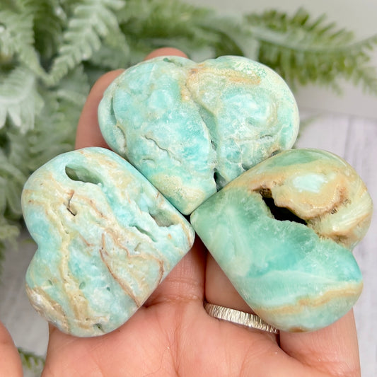 Blue Aragonite Hearts With Stand Healing Crystal Carvings YOU CHOOSE