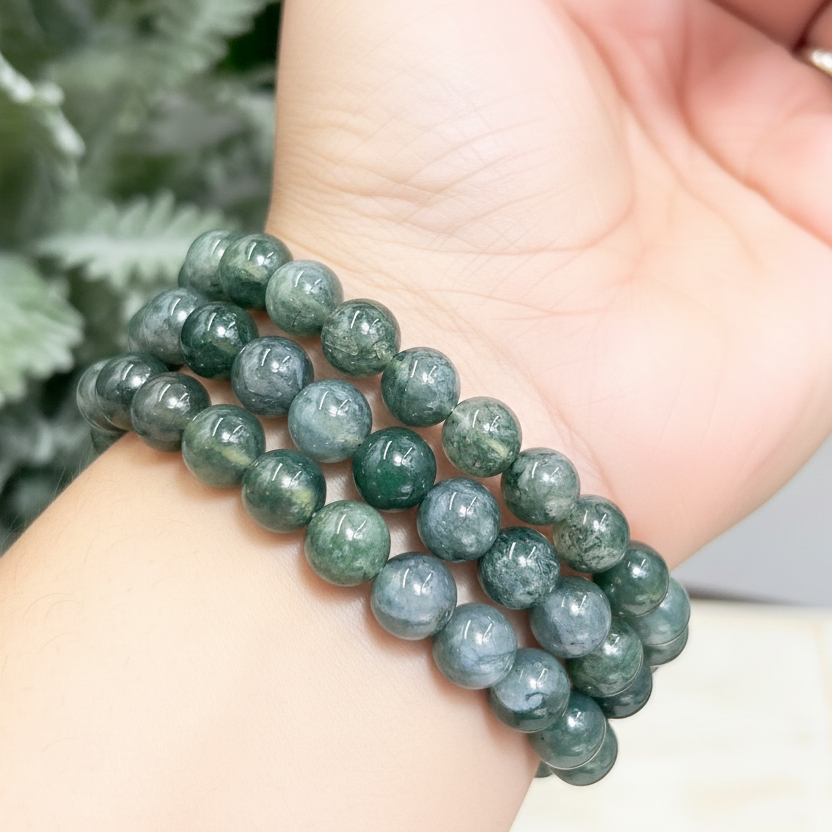 Moss Agate Crystals Bracelets Wearable Gemstones Elastic Various Beads Sizes