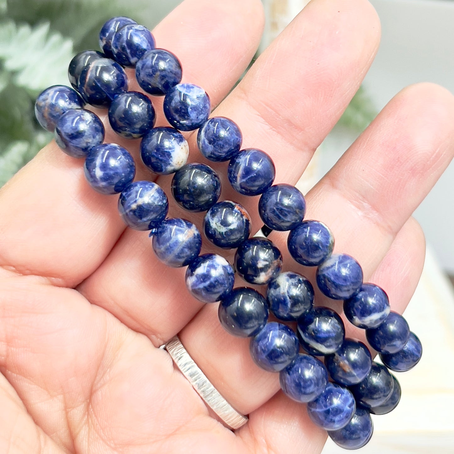 Blue Sodalite Crystals Bracelets Wearable Gemstones Elastic 7-8mm Beads 16cm