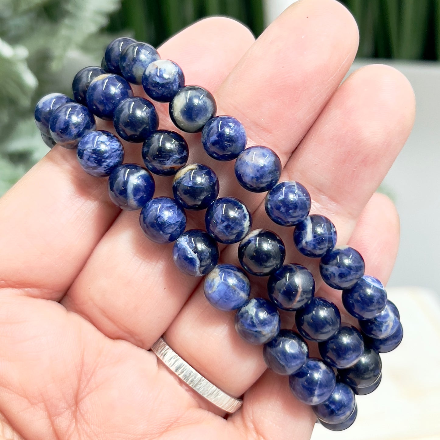 Blue Sodalite Crystals Bracelets Wearable Gemstones Elastic 7-8mm Beads 16cm