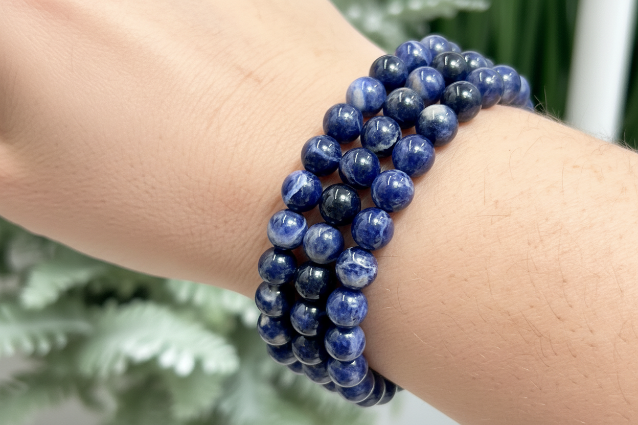 Blue Sodalite Crystals Bracelets Wearable Gemstones Elastic 7-8mm Beads 16cm