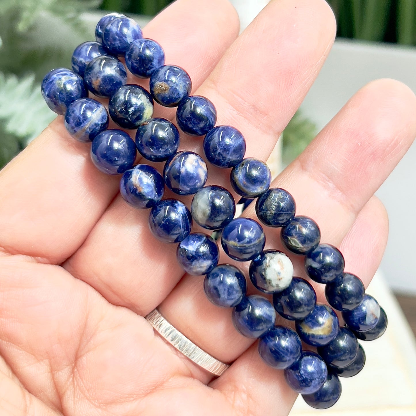 Blue Sodalite Crystals Bracelets Wearable Gemstones Elastic 7-8mm Beads 16cm