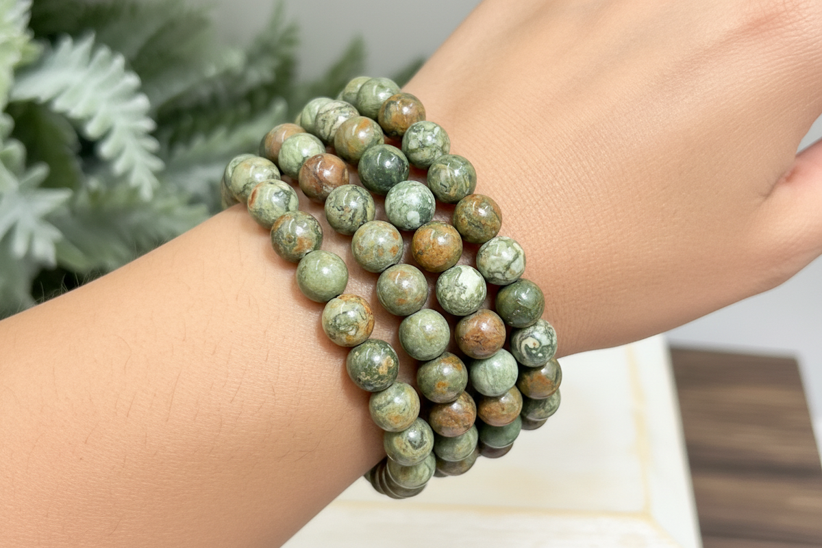 Rainforest Jasper Rhyolite Crystals Bracelets Gemstones Elastic 8mm Beads 16cm