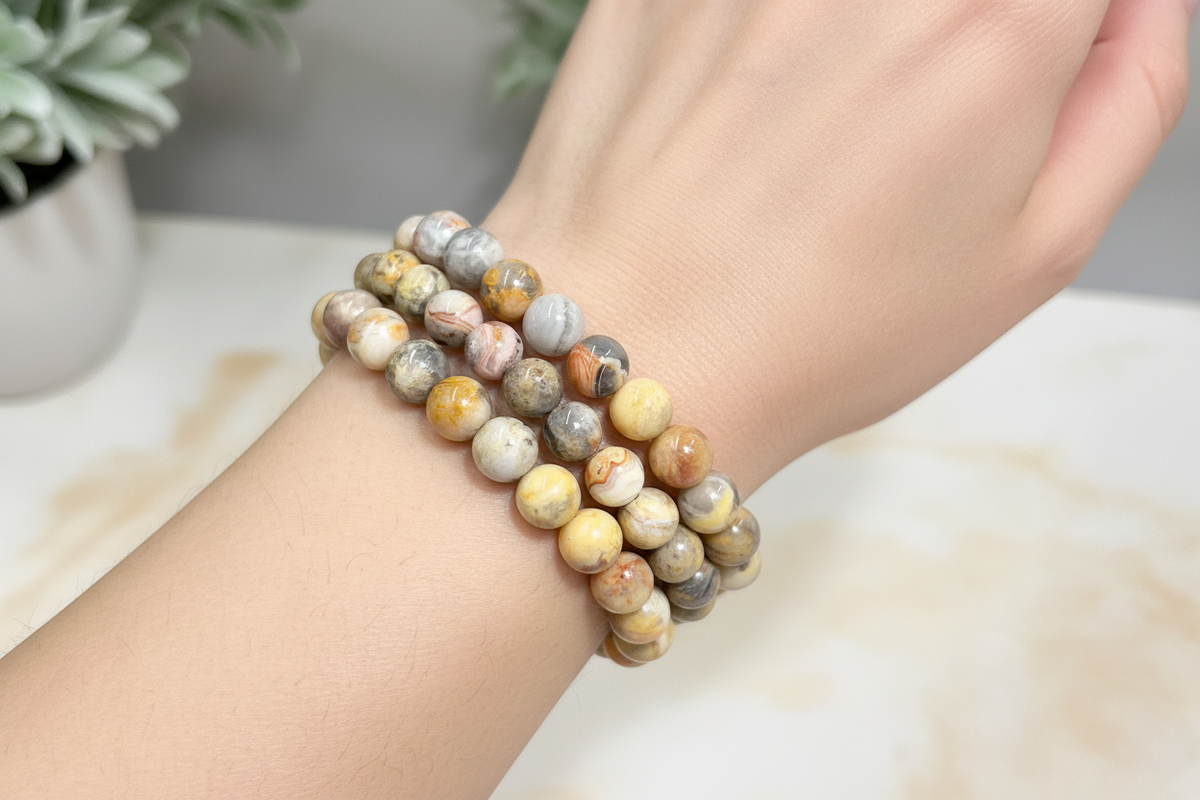 Crazy Lace Agate Crystals Bracelets Wearable Gemstones Elastic 7-8mm Beads 15cm