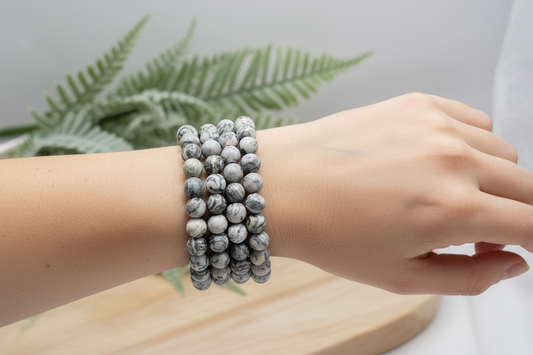 Picasso Jasper Stone Crystals Bracelets Wearable Gemstones Elastic 8mm Beads 15.5cm