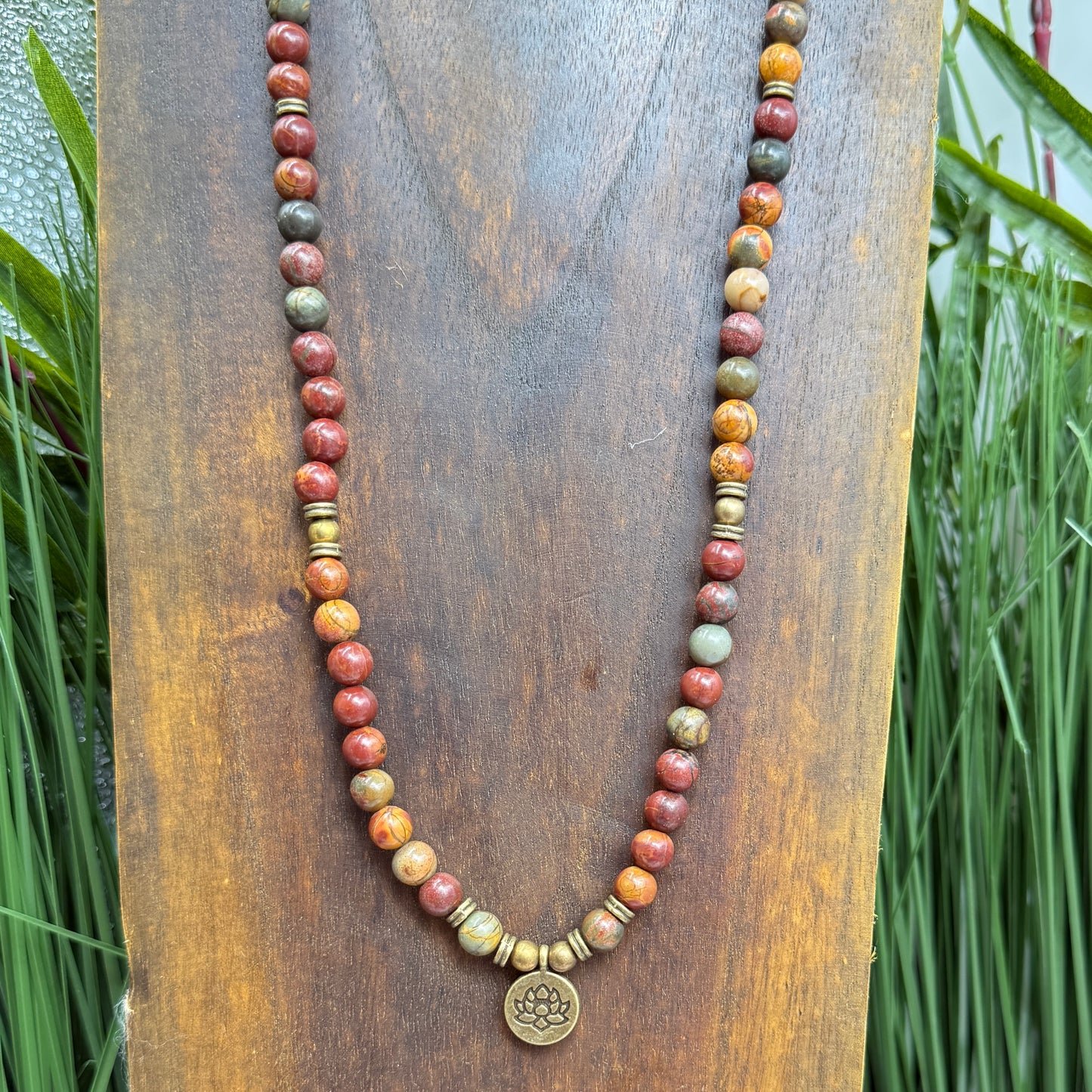 Jasper Mala Necklace Bracelet Elastic Prayer Beads with Lotus Pendant