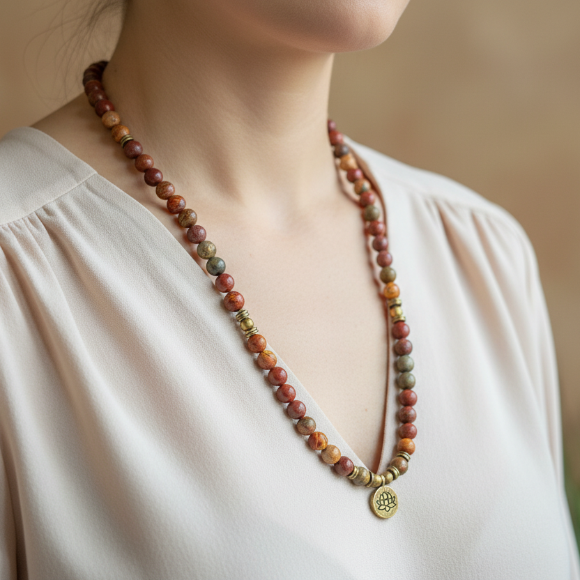 Jasper Mala Necklace Bracelet Elastic Prayer Beads with Lotus Pendant