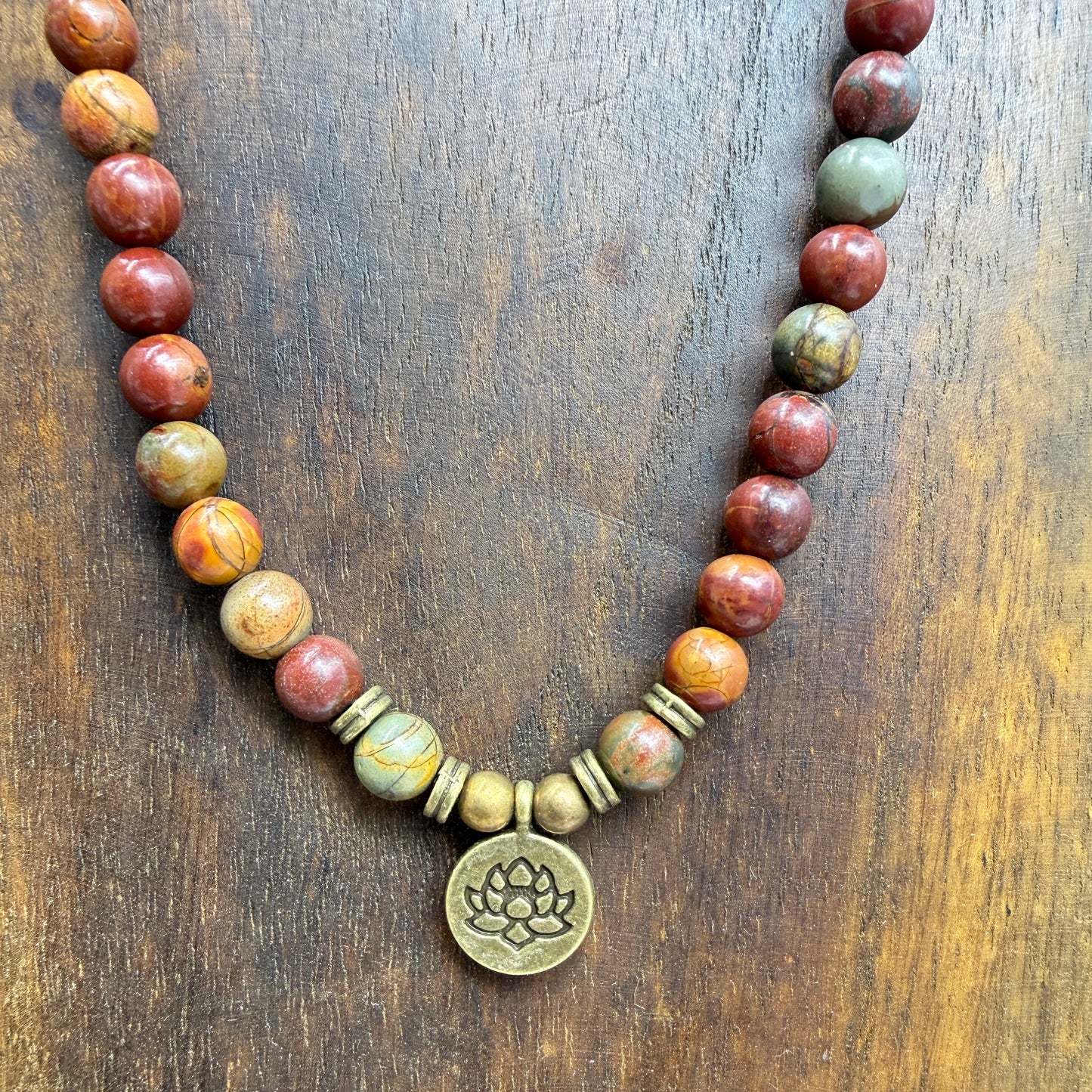 Jasper Mala Necklace Bracelet Elastic Prayer Beads with Lotus Pendant