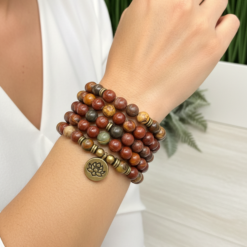 Jasper Mala Necklace Bracelet Elastic Prayer Beads with Lotus Pendant