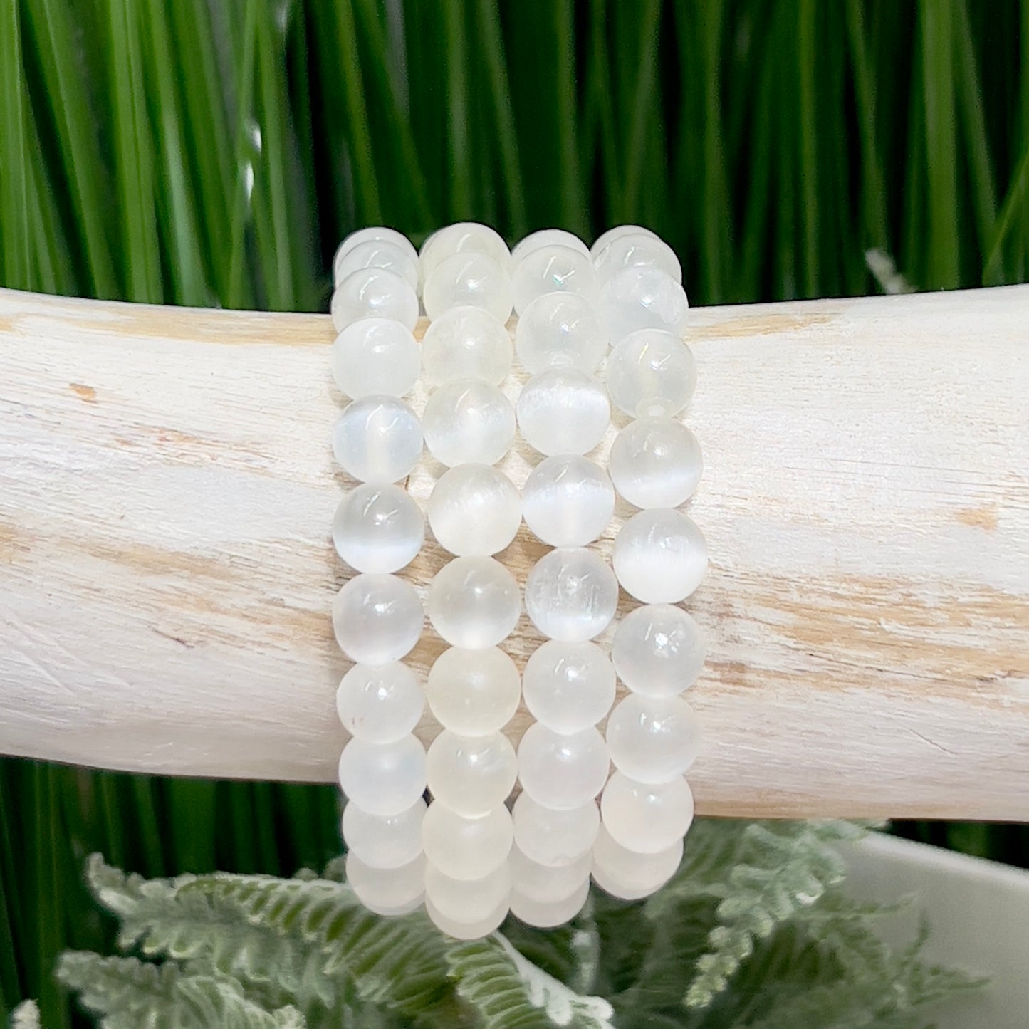 Satin Spar Selenite Crystals Bracelets Wearable Gemstones Elastic 8mm Beads 16cm