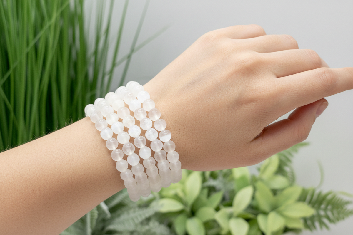 Satin Spar Selenite Crystals Bracelets Wearable Gemstones Elastic 8mm Beads 16cm