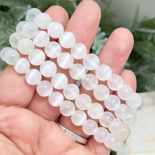 Satin Spar Selenite Crystals Bracelets Wearable Gemstones Elastic 8mm Beads 16cm