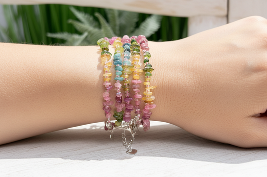 Tourmaline Pink Green Yellow Blue Chips Crystals Bracelets Wearable Gemstones Elastic