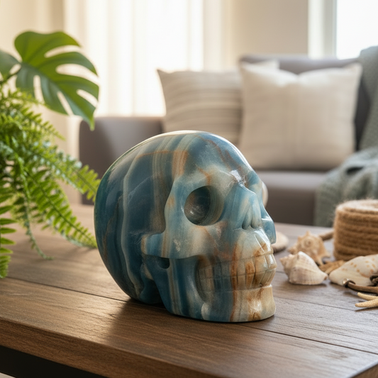 Blue Onyx Hollow Jaw Skull Healing Crystal Carving 1110g
