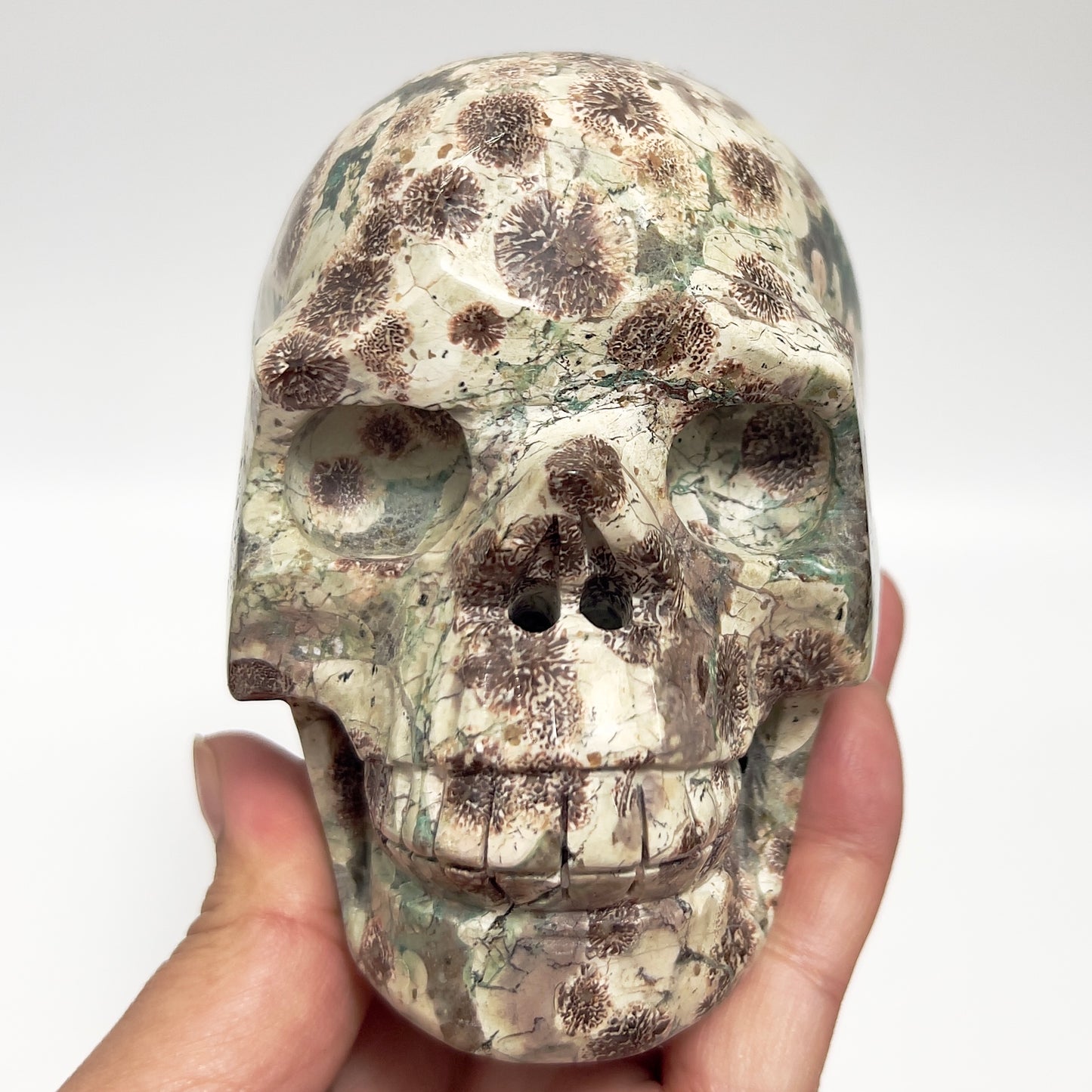 Russian Flower Cherry Blossom Jasper Hollow Jaw Skull Healing Crystal Carving 954g