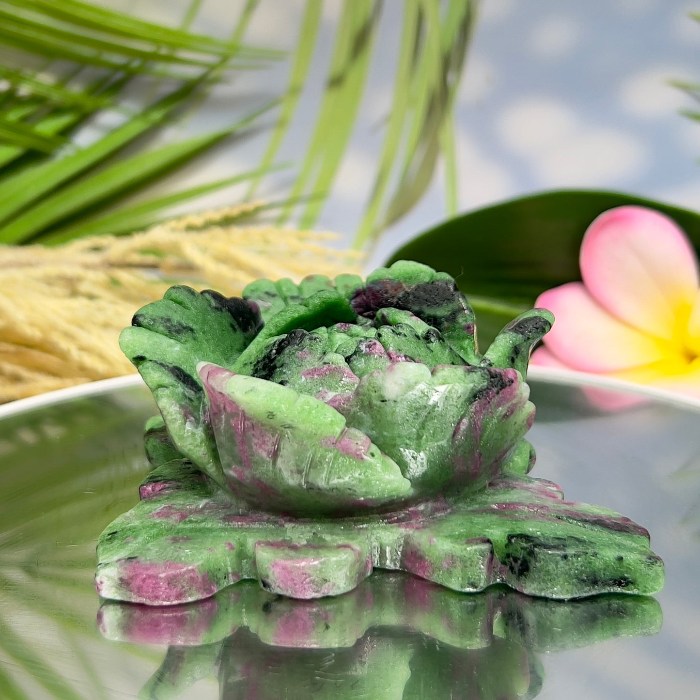 Ruby in Zoisite Lotus Flower UV Reactive Healing Crystal Carving 430g