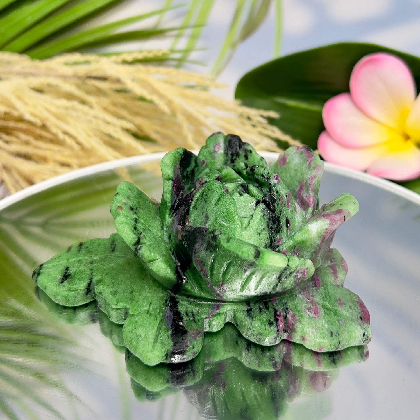 Ruby in Zoisite Lotus Flower UV Reactive Healing Crystal Carving 430g