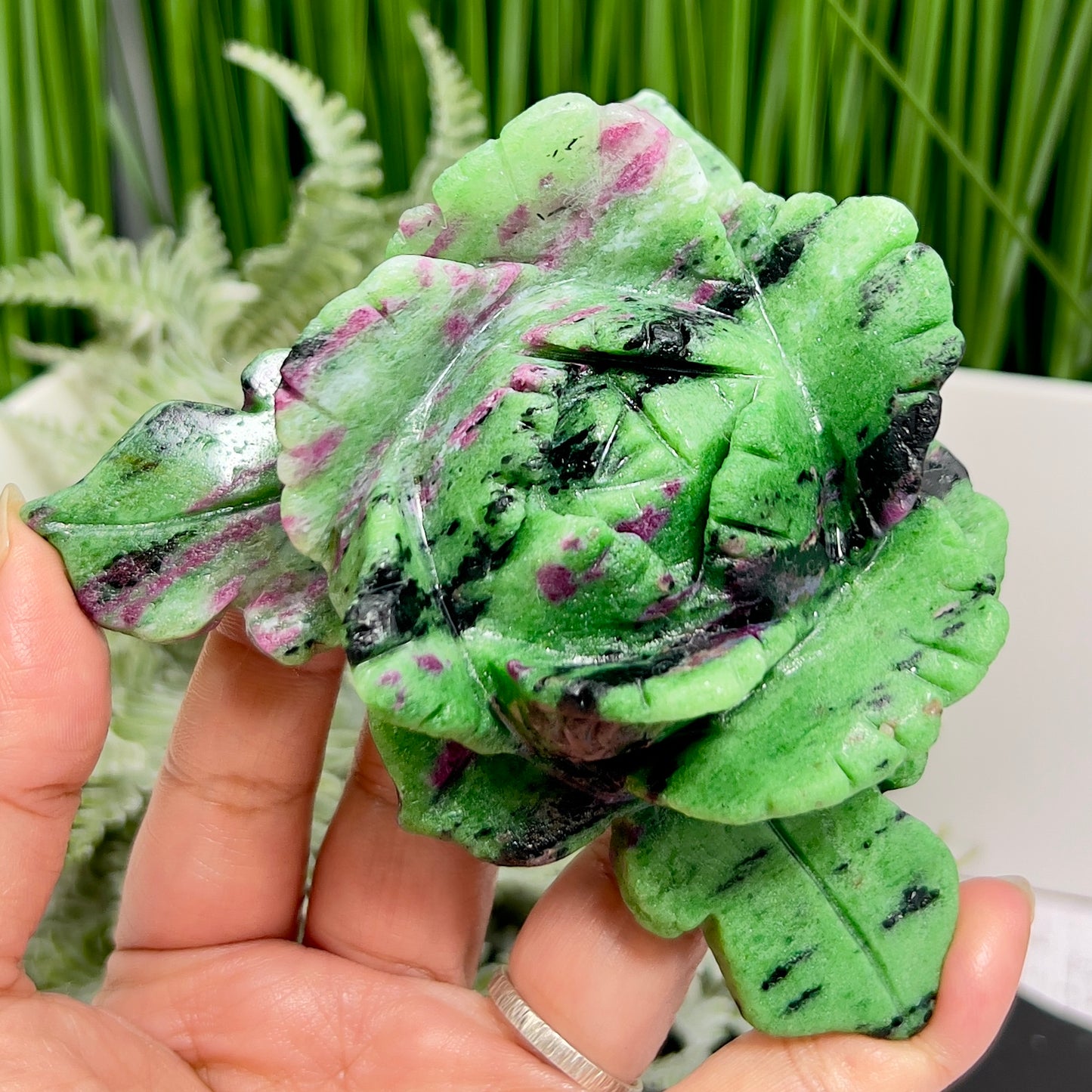 Ruby in Zoisite Lotus Flower UV Reactive Healing Crystal Carving 430g