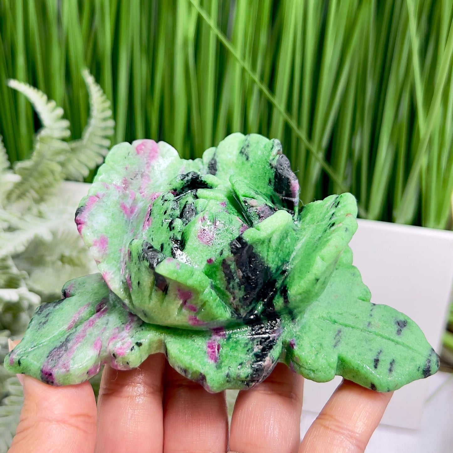 Ruby in Zoisite Lotus Flower UV Reactive Healing Crystal Carving 430g