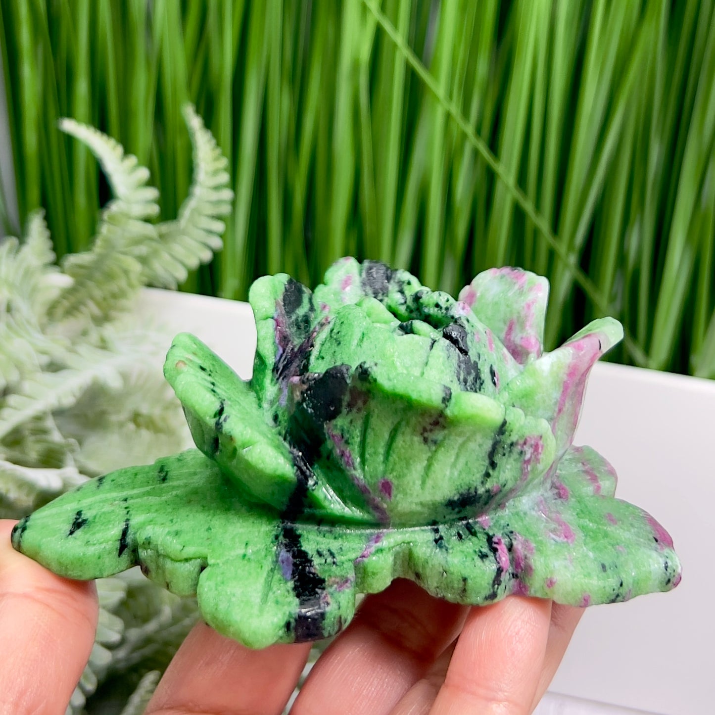 Ruby in Zoisite Lotus Flower UV Reactive Healing Crystal Carving 430g