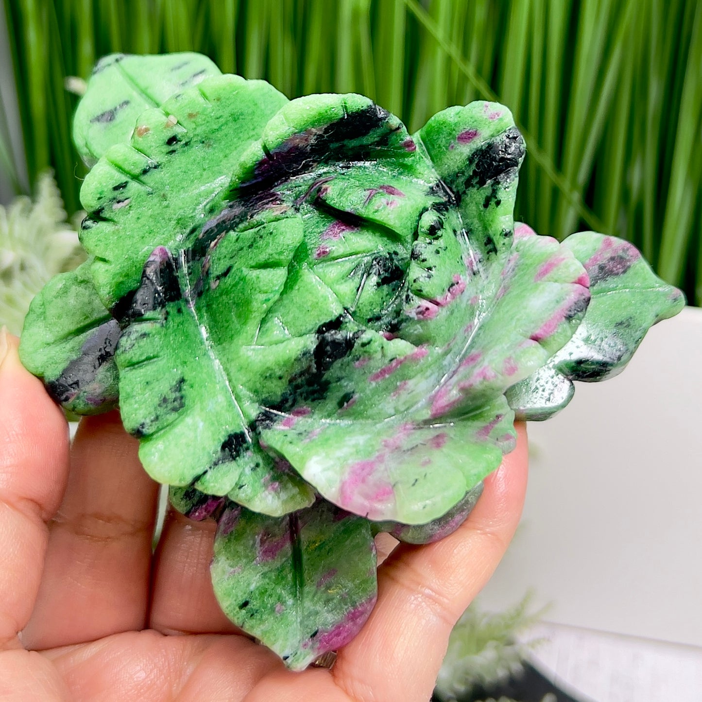 Ruby in Zoisite Lotus Flower UV Reactive Healing Crystal Carving 430g