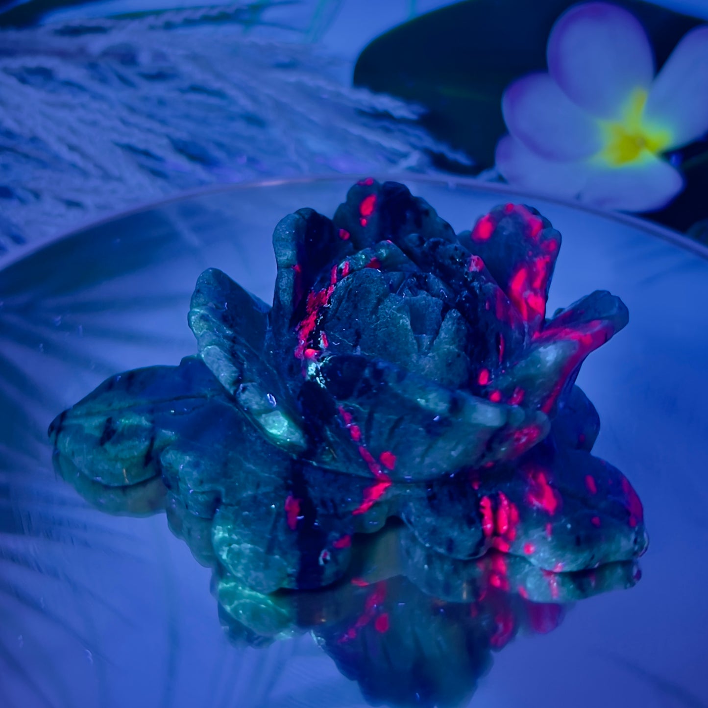 Ruby in Zoisite Lotus Flower UV Reactive Healing Crystal Carving 430g