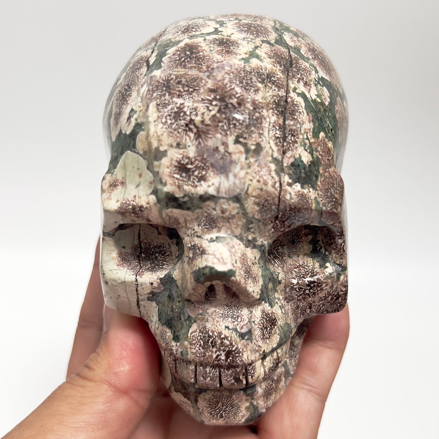 Russian Flower Cherry Blossom Jasper Skull Healing Crystal Carving 764g
