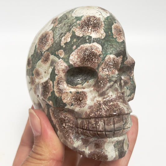 Russian Flower Cherry Blossom Jasper Skull Healing Crystal Carving 520g