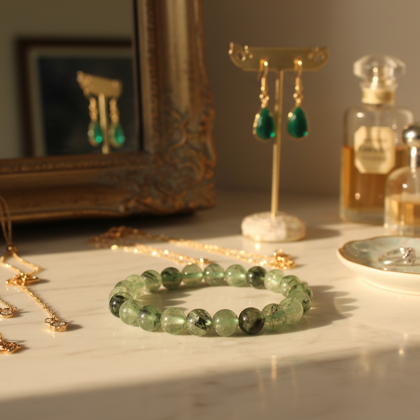 Prehnite with Epidote Bracelet Healing Wearable Crystal Elastic 16cm 8mm Bead Size