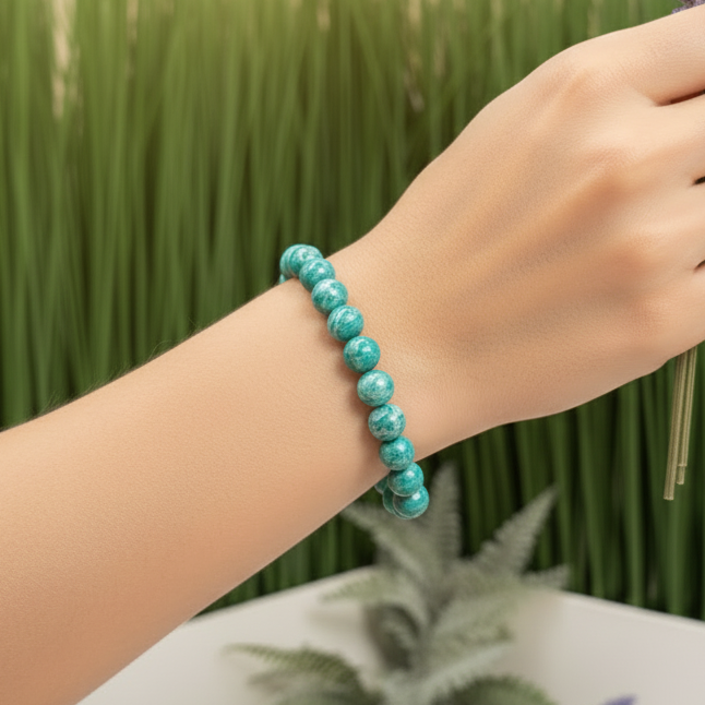 Russian Amazonite Bracelet Healing Wearable RARE Crystal Elastic 16cm 10mm Bead Size