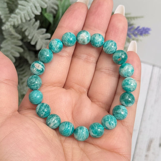 Russian Amazonite Bracelet Healing Wearable RARE Crystal Elastic 16cm 10mm Bead Size