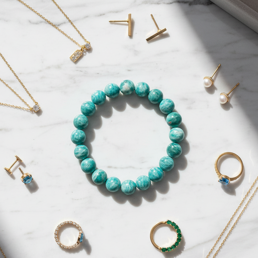 Russian Amazonite Bracelet Healing Wearable RARE Crystal Elastic 16cm 10mm Bead Size